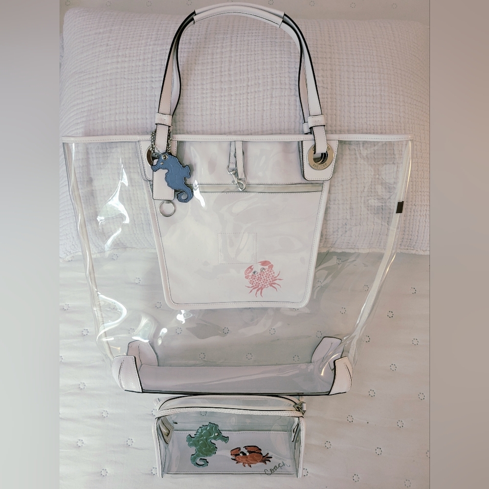 Coach XL Clear Crab & Seahorse Beach Tote #16594 with Matching Cosmetic Bag